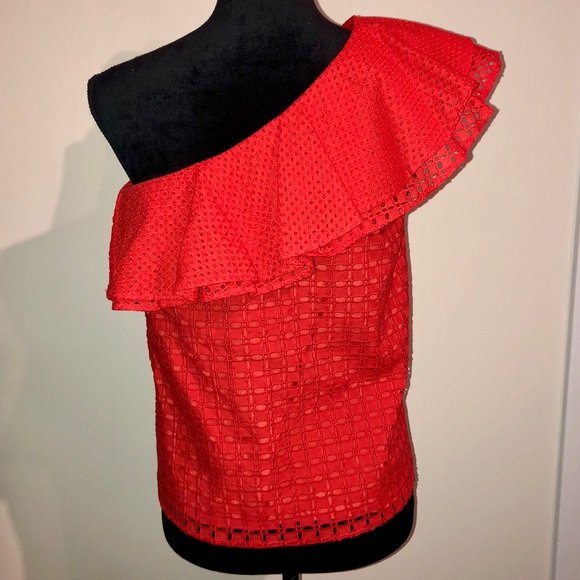J Crew Red Ruffle Off the Shoulder Top - Picture 6 of 7